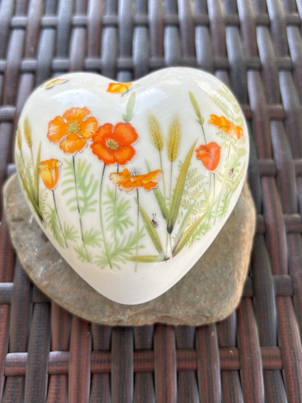 Heart Jewelry Trinket Box with Orange Floral Design
